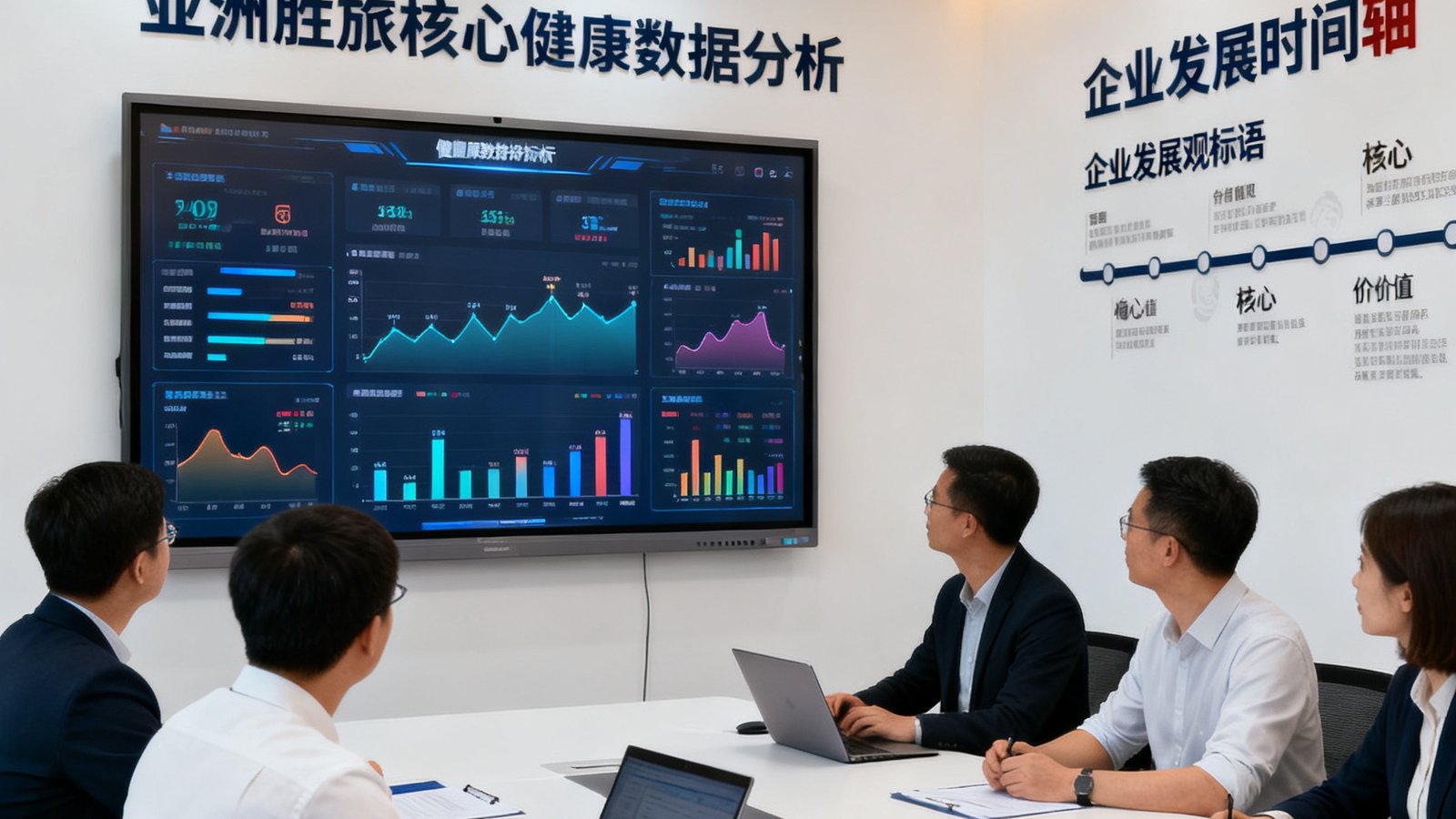 亚洲胜游核心团队成员在明亮的会议室中围绕健康数据分析大屏展开深入讨论，墙上挂着企业发展时间轴与核心价值观标语，展现专业协作的工作氛围。